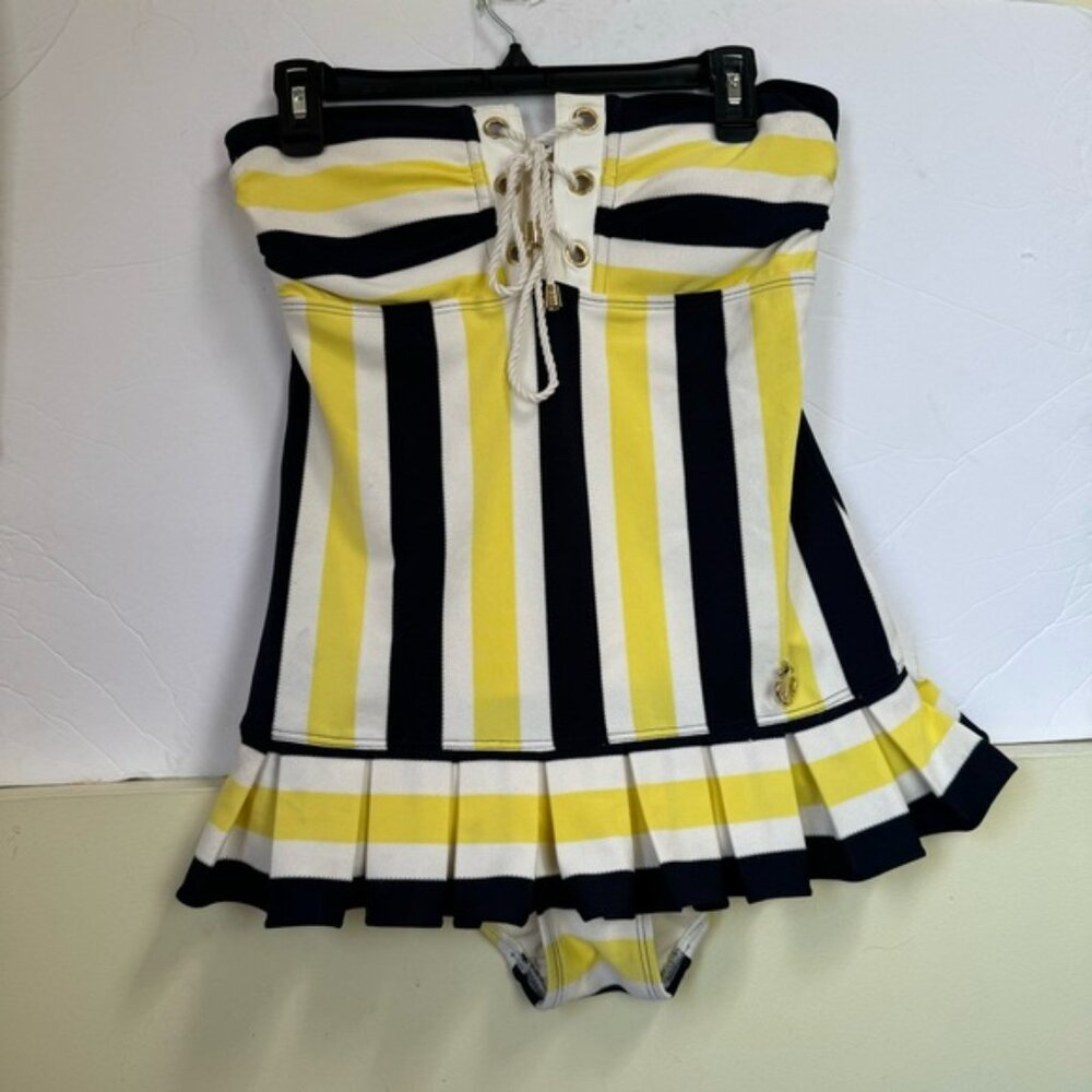 Juicy Couture Pleated Skirt Striped Nautical Swimsuit One Piece Pin Up Retro M - Picture 7 of 16